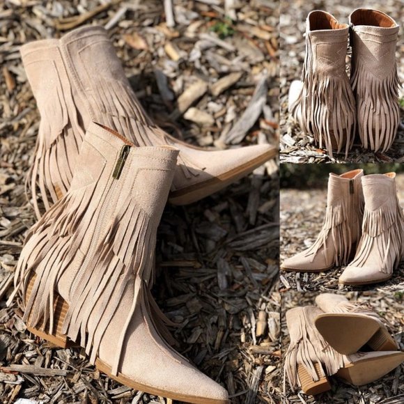 NEW Fringe Tassel Faux Suede Pointy Toe Block Heel Western Booties Boots Taupe - Picture 9 of 13